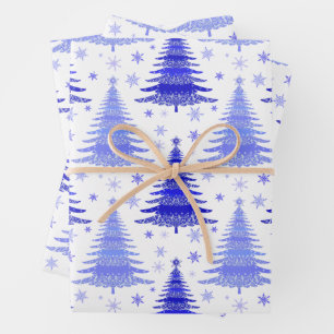 Feuille De Papier Cadeau Noël Holliday Blue Trees Motif Cadeau