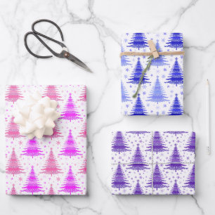 Feuille De Papier Cadeau Noël Holliday Pink Purple Blue Trees Motif