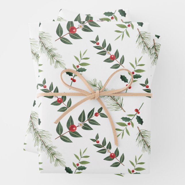 Feuille De Papier Cadeau Noël Holly Berry et branches de pin Blanc (En situation)