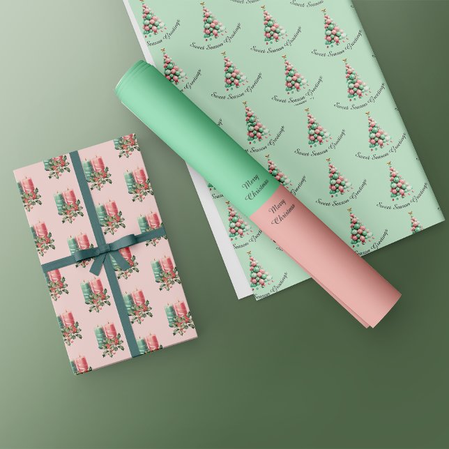 Feuille De Papier Cadeau Noël Macaron Arbres et bougies Message personnalis (Créateur téléchargé)