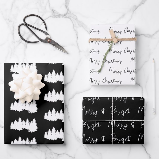 Feuille De Papier Cadeau Noël noir et blanc élégant (Recto)