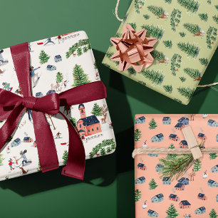 Feuille De Papier Cadeau Noël nordique rose joli ski