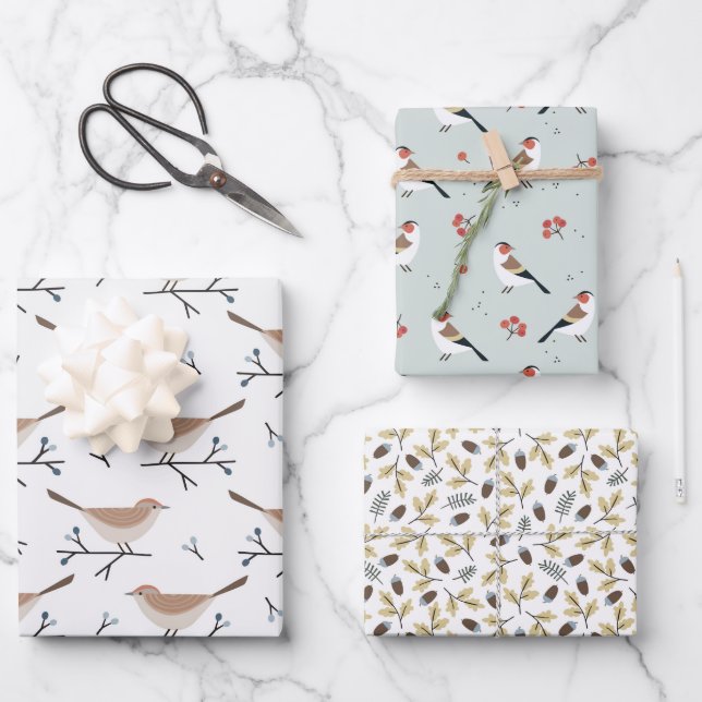 Feuille De Papier Cadeau Noël Oiseaux sauvages et Branches Motif (Recto)
