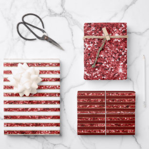 Feuille De Papier Cadeau Noël Or Rouge blanc Parties scintillant rayures