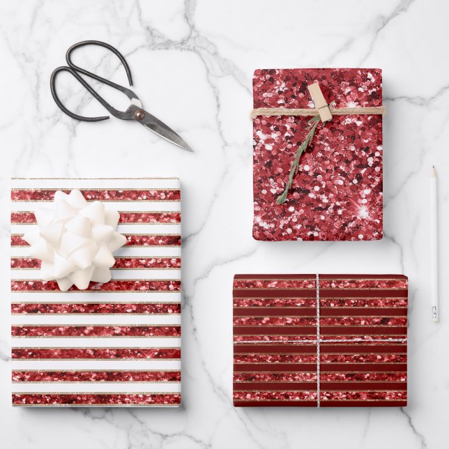 Feuille De Papier Cadeau Noël Or Rouge blanc Parties scintillant rayures (Recto)