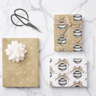 Feuille De Papier Cadeau Noël Pailletage Or Ornement Ruban Noir Rayures Dor