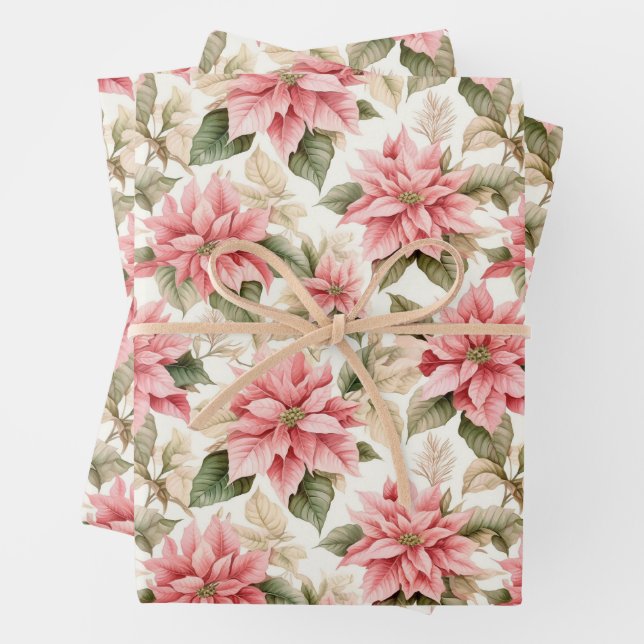 Feuille De Papier Cadeau Noël Pastel Rose Poinsettia Fleurs (En situation)