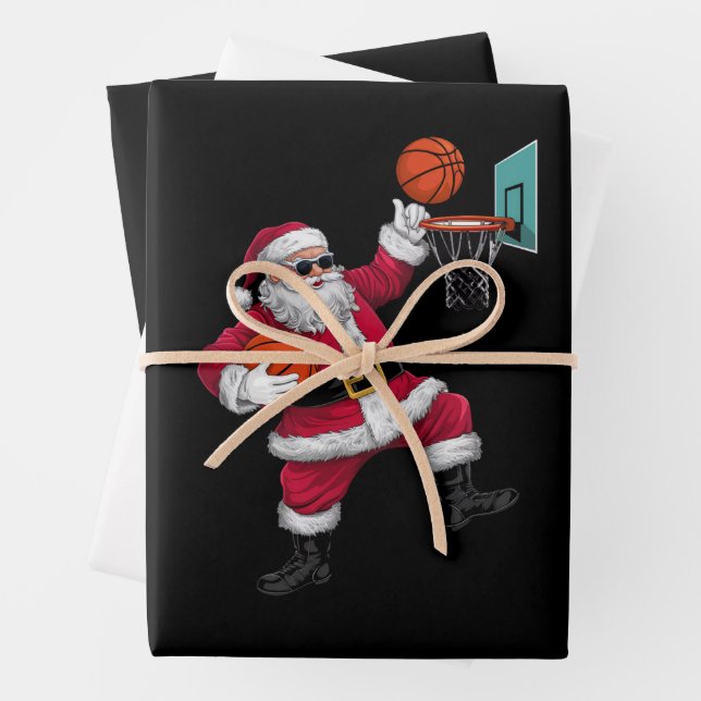 Feuille De Papier Cadeau Noël Père Noël Dunking Un Basket-ball Noël (En situation)