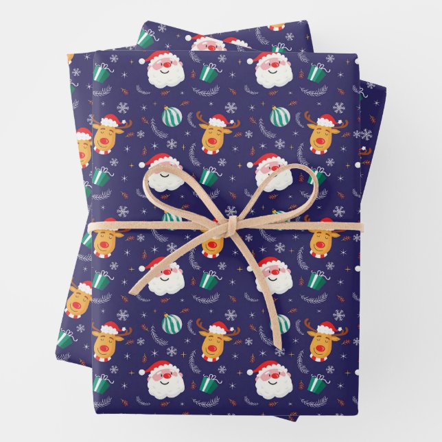 Feuille De Papier Cadeau Noël Père Noël Et Reindeers cadeau bleu (En situation)
