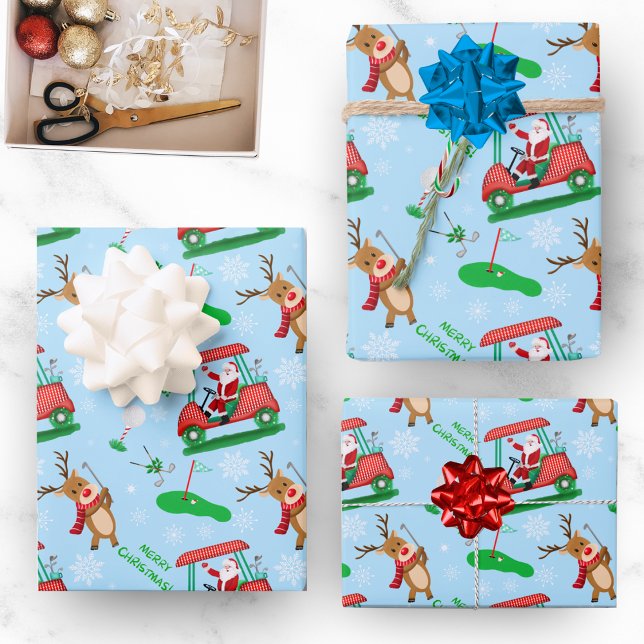 Feuille De Papier Cadeau Noël Père Noël Golf avec Motif de rennes (Santa's Playing Golf Wrapping paper for the golfer!)