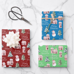 Feuille De Papier Cadeau Noël Pink Cottage Pine Tree Snowy hiver