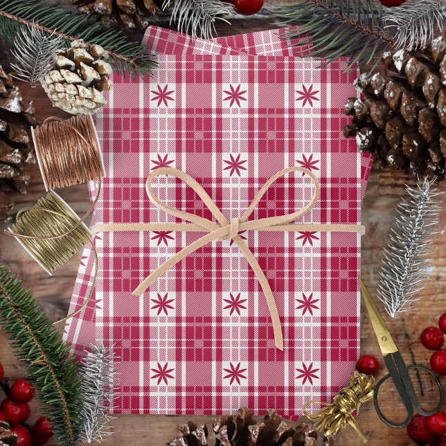 Feuille De Papier Cadeau Noël Plaid - Rouge et blanc avec Poinsettia (Christmas Plaid - Red and White with Poinsettia Wrapping Paper Sheets by Leapfroglisics Shop)