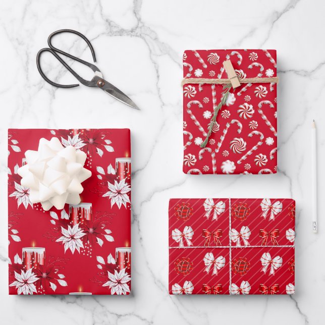 Feuille De Papier Cadeau Noël Poinsettia Bow Sucre de canne bougie rouge (Recto)
