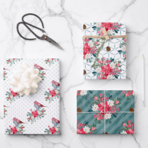Feuille De Papier Cadeau Noël Poinsettia et le cardinal Rouge