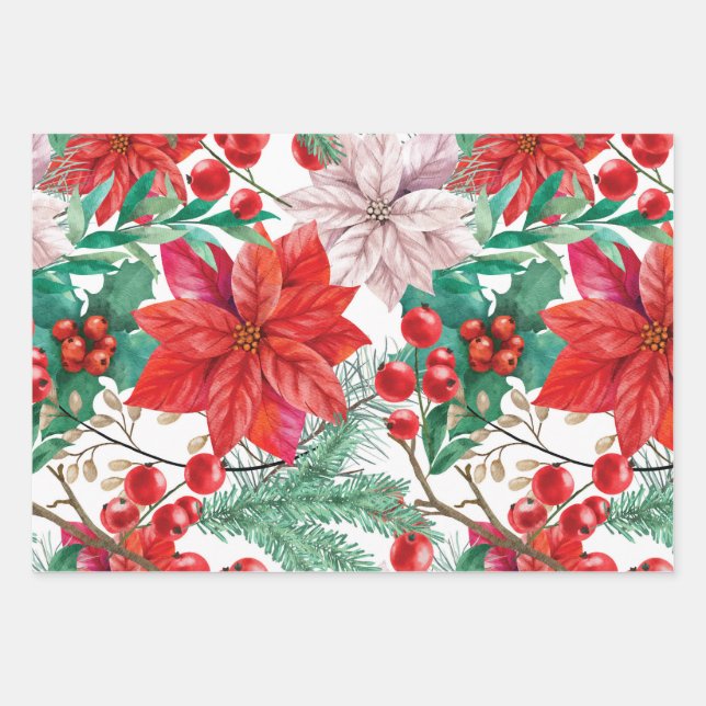Feuille De Papier Cadeau Noël Poinsettia Flower Motif (Devant)