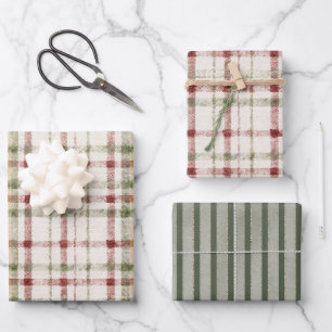 Feuille De Papier Cadeau Noël rayures vertes crème rouges