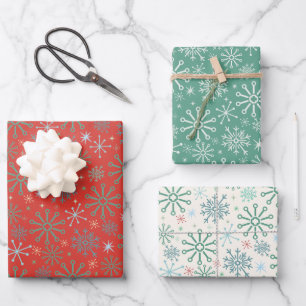 Feuille De Papier Cadeau Noël Retro les années 50 Snowflakes Motif 3 couleu