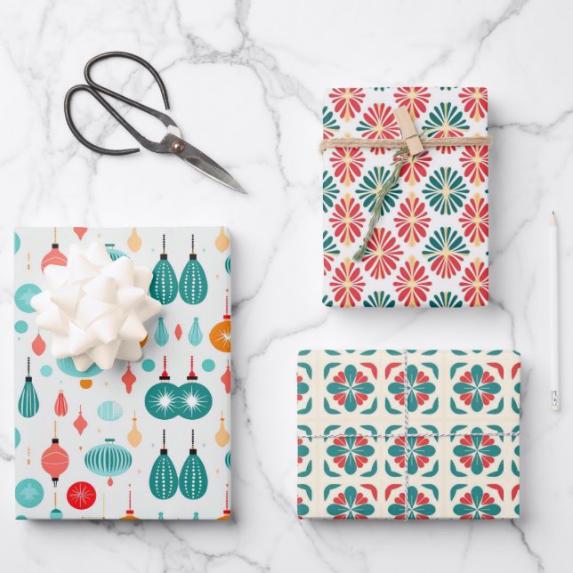 Feuille De Papier Cadeau Noël Retro Mid Century Moderne MOD (Recto)