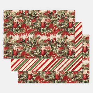 Feuille De Papier Cadeau Noël Rétro Vintage : Bougies rouges & Holly