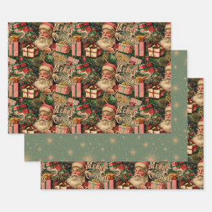 Feuille De Papier Cadeau Noël rétro Vintage : Père Noël et présents