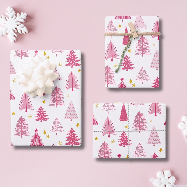 Feuille De Papier Cadeau Noël rose (Christmas Holiday Pink Christmas tree pattern wrapping paper, winter woodland forest.)
