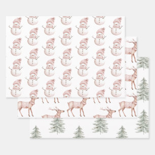 Feuille De Papier Cadeau Noël rose blanc Snowman Cerf arbres verts