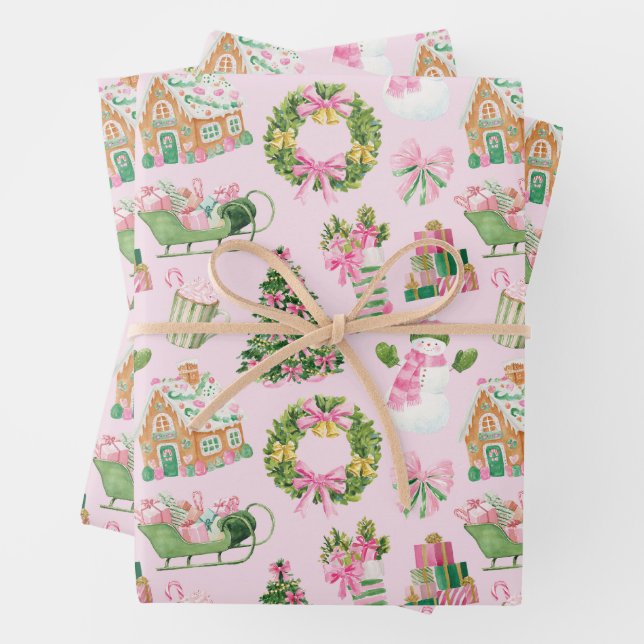 Feuille De Papier Cadeau Noël rose et vert Preppy (En situation)