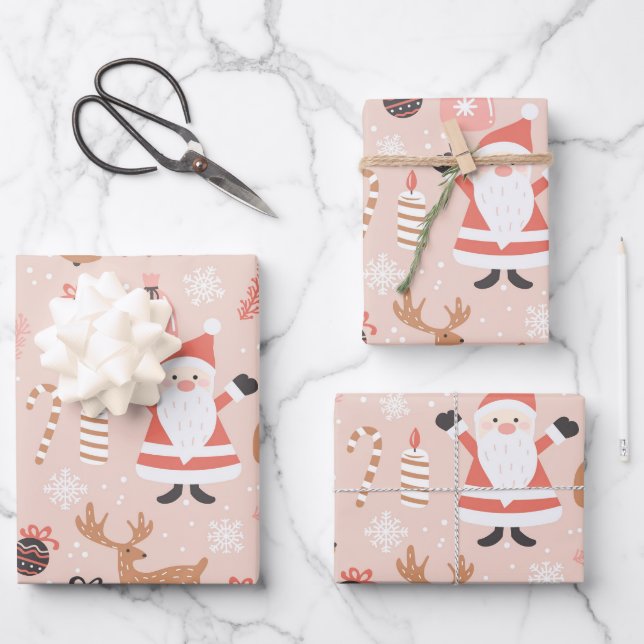 Feuille De Papier Cadeau Noël rose mignon Arbre de Noël Snowman Reindeer (Recto)