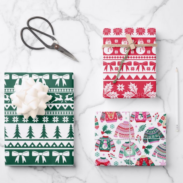 Feuille De Papier Cadeau Noël rose, rouge et vert moche (Recto)