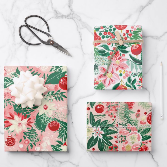 Feuille De Papier Cadeau Noël rose rouge floral (Recto)