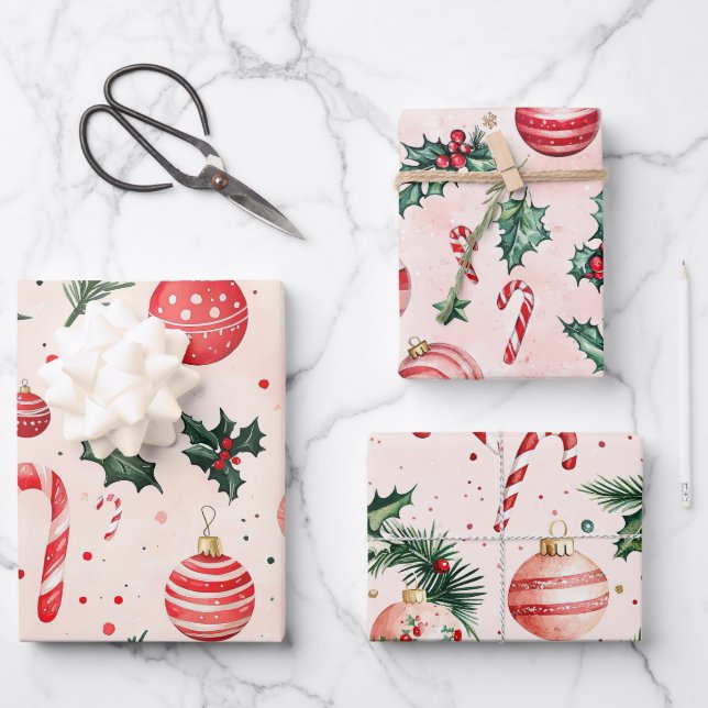 Feuille De Papier Cadeau Noël rose rouge Vintage (Recto)
