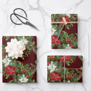 Feuille De Papier Cadeau Noël Rouge & Blanc Poinsettia, Holly Berry