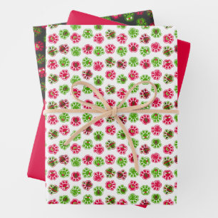 Feuille De Papier Cadeau Noël Rouge Chien vert Paw & Holiday Icons