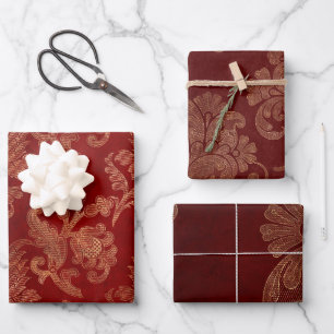 Feuille De Papier Cadeau Noël rouge et or Damas de Bourgogne