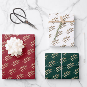 Feuille De Papier Cadeau Noël Rouge et Vert Branche Or Élégante