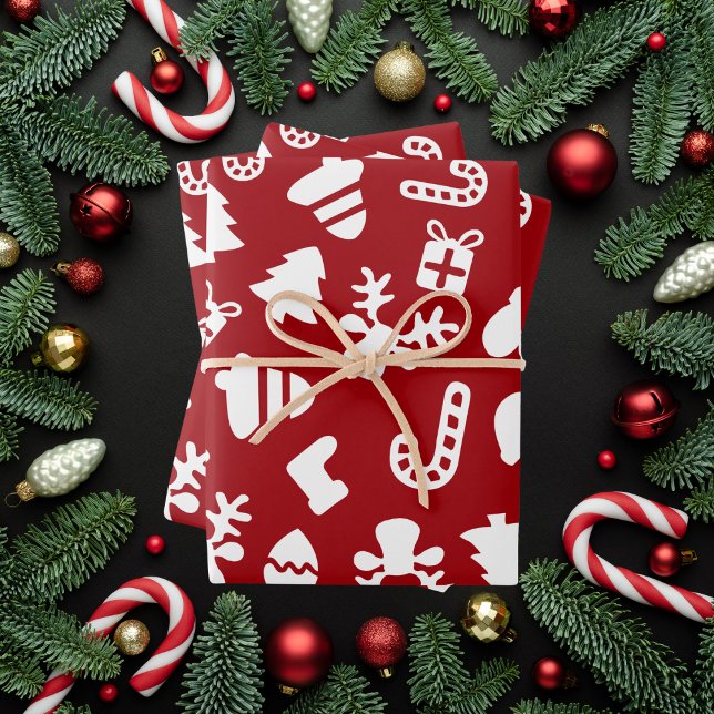 Feuille De Papier Cadeau Noël Rouge Festif Avec Icônes De Vacances (Créateur téléchargé)