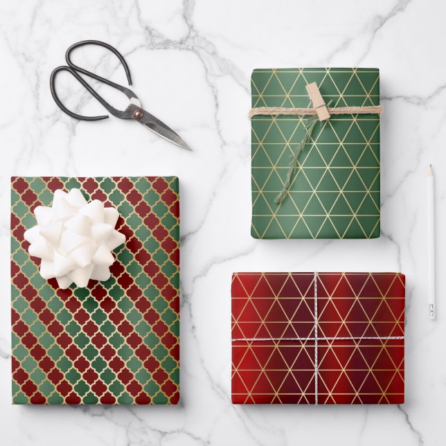 Feuille De Papier Cadeau Noël Rouge or vert Motifs géométriques (Recto)
