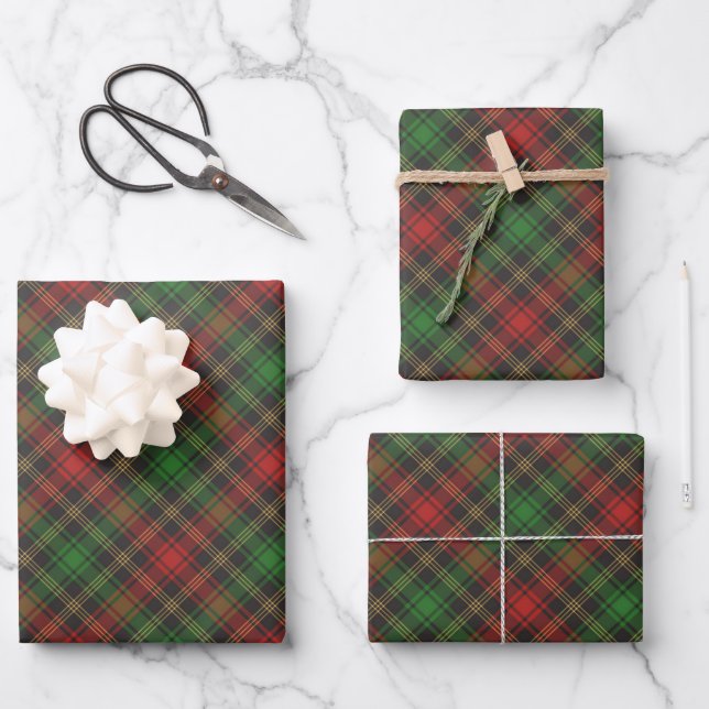 Feuille De Papier Cadeau Noël rouge vert tartan plaid motif diagonal (Recto)