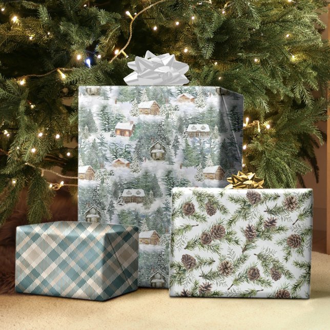 Feuille De Papier Cadeau Noël Russe Forêt Boisée Cabines vacances (Créateur téléchargé)