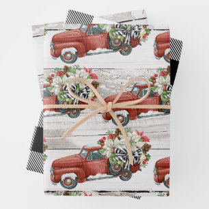Feuille De Papier Cadeau Noël Russe Vintage Camion Rouge Bois Patiné 