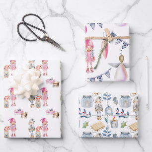 Feuille De Papier Cadeau Noël scandinave poupées de cerf scandinave