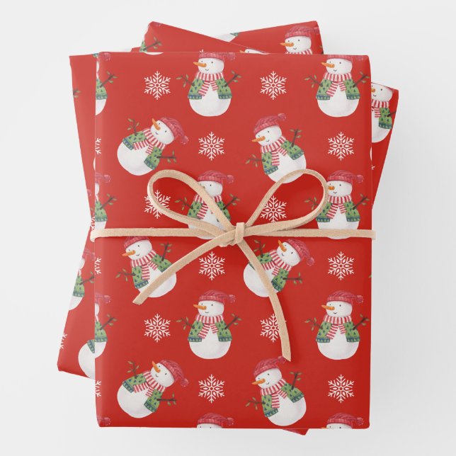 Feuille De Papier Cadeau Noël Snowman et Snowflakes Rouge (En situation)