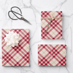 Feuille De Papier Cadeau Noël tartan plaid rouge blanc motif diagonale