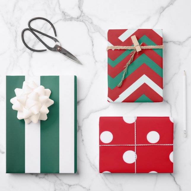 Feuille De Papier Cadeau Noël traditionnel rouge blanc et vert (Recto)