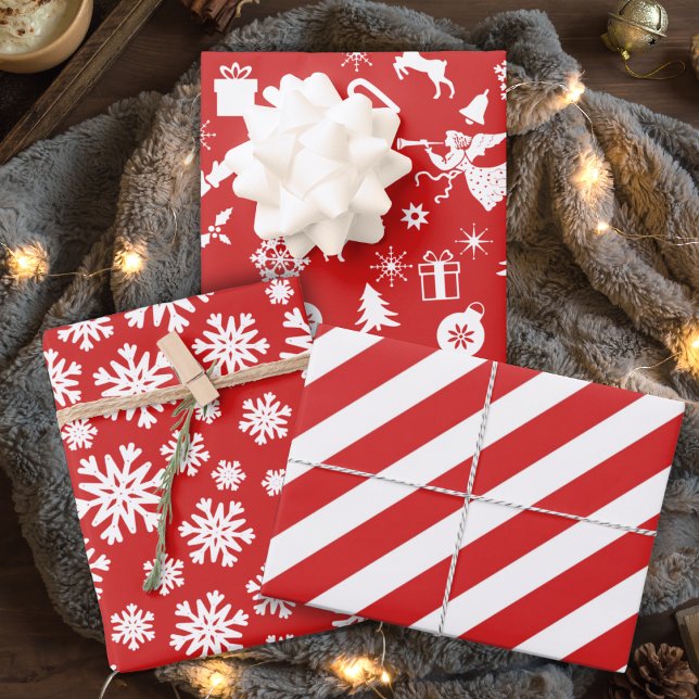 Feuille De Papier Cadeau Noël traditionnel rouge et blanc rétro (Retro Red and White Traditional Christmas Wrapping Paper Sheets)