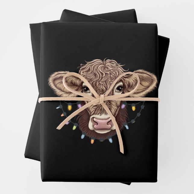 Feuille De Papier Cadeau Noël Vache Luminaire Ferme Fermier Noël (En situation)