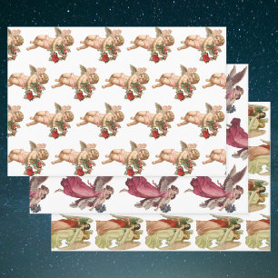 Feuille De Papier Cadeau Noël vintage, 3 anges victoriens différents