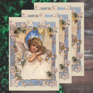 Feuille De Papier Cadeau Noël vintage, Ange victorien avec cloches d'or