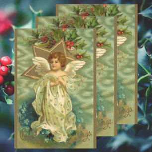 Feuille De Papier Cadeau Noël vintage, Ange victorien avec étoiles d'or