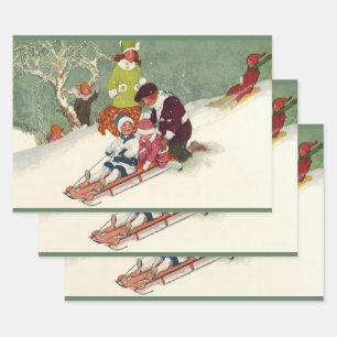 Feuille De Papier Cadeau Noël vintage, Enfants dormant dans la neige